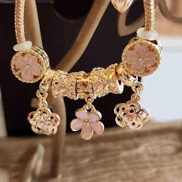 Flower Theme Gold PINK ENAMEL 7 Charm Beautiful Cutout Flowers - Picture 5 of 5